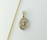 Virgin Mary pendant on a tri-color braided/rope gold plated chain necklace.