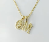 Plated Dainty Letter "M" Virgin Mary Double Pendants 14K 3mm Cuban Chain Necklace