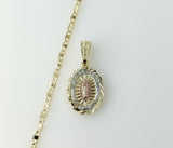 Gold plated anchor chain necklace with Virgin Mary pendant detail.

Gold plated tri-color anchor chain necklace with Vir