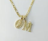 Plated Dainty Letter "M" Virgin Mary Double Pendants 3mm Figaro Chain Necklace