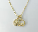 14K gold plated double pendants on a dainty Cuban chain necklace.
Virgin Mary letter "D" pendant on a 3mm chain Cuban li