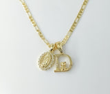 Gold plated dainty Virgin Mary double pendants 3mm figaro chain necklace.