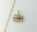Gold plated three-strand figaro chain necklace with an elephant pendant.

Gold plated Figaro chain with an elephant pend