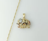 Gold plated 14K twist chain necklace with tri-color elephant pendant design.
Gold plated 14K tri-color elephant pendant
