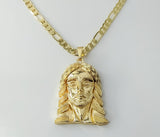 Gold plated 18K figaro chain necklace with Jesus pendant and clasp.