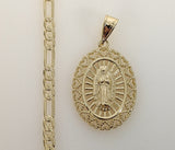 Our Lady of Guadalupe Medal Plated 14K 4mm Diamond Cut Figaro Chain Necklace