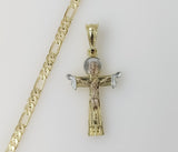 Plated Tri-Color Cross 4mm 14K Diamond Cut Figaro Chain Necklace