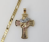 Plated Tri-Color Cross 5mm Figaro Chain Necklace