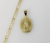 Plated Virgin Mary 4mm 14K Diamond Cut Figaro Chain Necklace