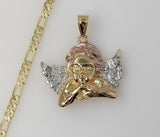 Plated Tri-Color Large Angel 4mm 14K Diamond Cut Figaro Chain Necklace