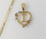 Plated Tri-Color Heart Letter "I" 4mm Figaro Chain Necklace