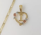 Plated Tri-Color Heart Letter "I" 4mm 14K Diamond Cut Figaro Chain Necklace