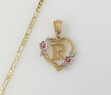 Plated Tri-Color Heart Letter "R" 3mm Figaro Chain Necklace