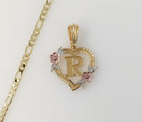 Plated Tri-Color Heart Letter "R" 4mm Figaro Chain Necklace