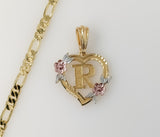 Plated Tri-Color Heart Letter "R" 5mm Figaro Chain Necklace
