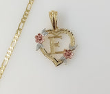 Plated Tri-Color Heart Letter "E" 3mm Figaro Chain Necklace