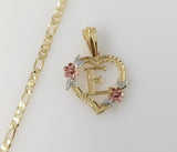 Plated Tri-Color Heart Letter "E" 4mm Figaro Chain Necklace