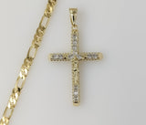 Plated Blinged Cross 5mm Figaro Chain Necklace