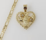 Plated Heart Virgin Mary 4mm 14K Diamond Cut Figaro Chain Necklace