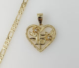 Plated Heart "My 15" Quince 4mm 14K Diamond Cut Figaro Chain Necklace