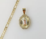 Plated Tri-Color Virgin Mary 4mm 14K Diamond Cut Figaro Chain Necklace
