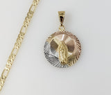 Plated Tri-Color Virgin Mary 4mm 14K Diamond Cut Figaro Chain Necklace