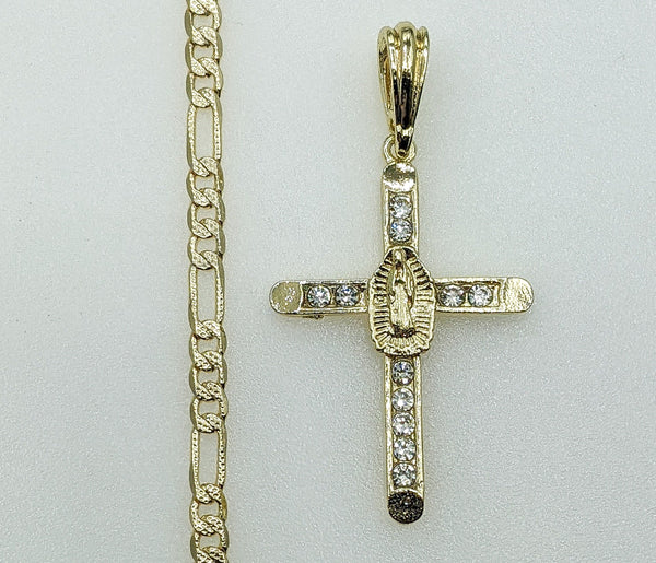 Plated Cross Virgin Mary 4mm 14K Diamond Figaro Chain Necklace