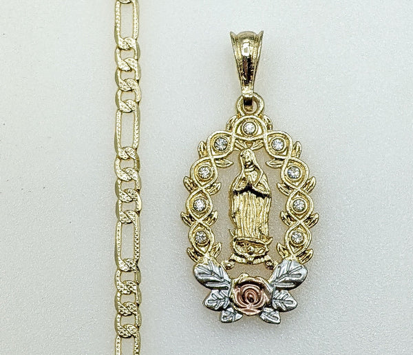 Plated Tri-Color Virgin Mary 4mm 14K Diamond Figaro Chain Necklace