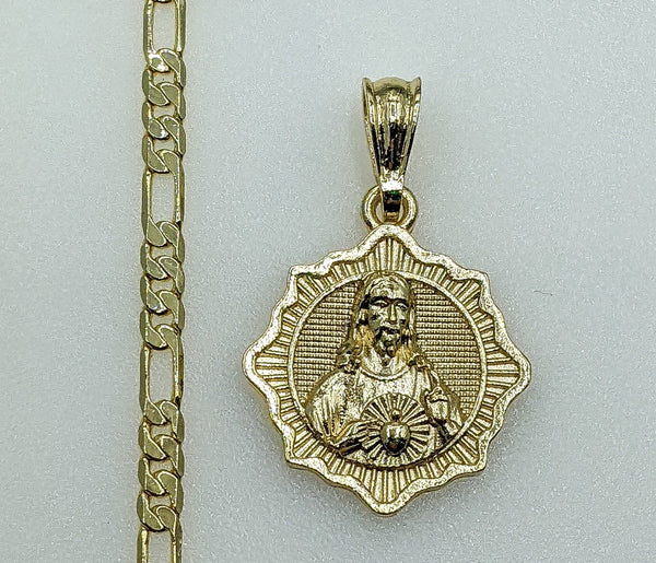 Plated Sacred Heart of Jesus 4mm Figaro Chain Necklace