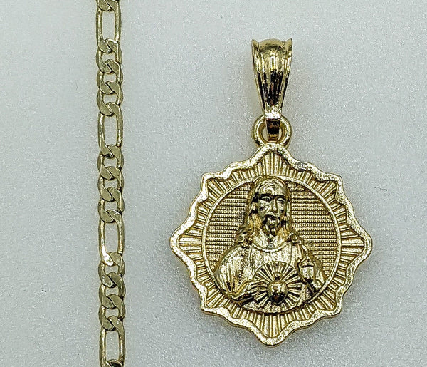 Plated Sacred Heart of Jesus 3mm Figaro Chain Necklace