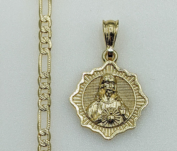 Plated Sacred Heart of Jesus 4mm 14K Diamond Figaro Chain Necklace