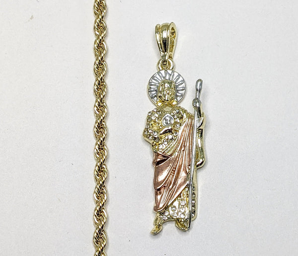 Plated Tri-Color Saint Jude 4mm Rope/Braided Chain Necklace