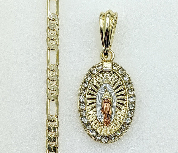 Plated Tri-Color Virgin Mary 4mm Figaro Chain Necklace