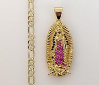 Plated Virgin Mary 4mm 14K Diamond Figaro Chain Necklace