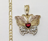 Plated Tri-Color Butterfly 4mm Figaro Chain Necklace