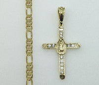 Plated Cross Virgin Mary 5mm Figaro Chain Necklace