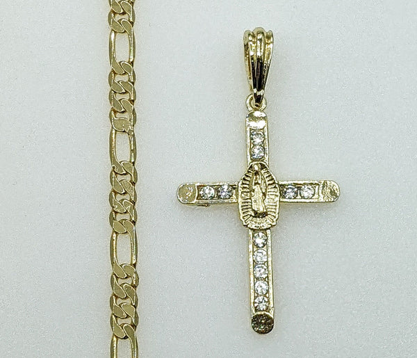 Plated Cross Virgin Mary 5mm Figaro Chain Necklace