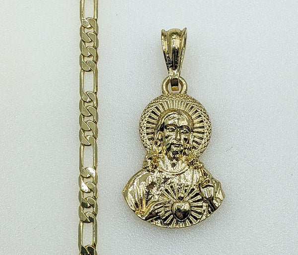 Plated Sacred Heart of Jesus 4mm Figaro Chain Necklace