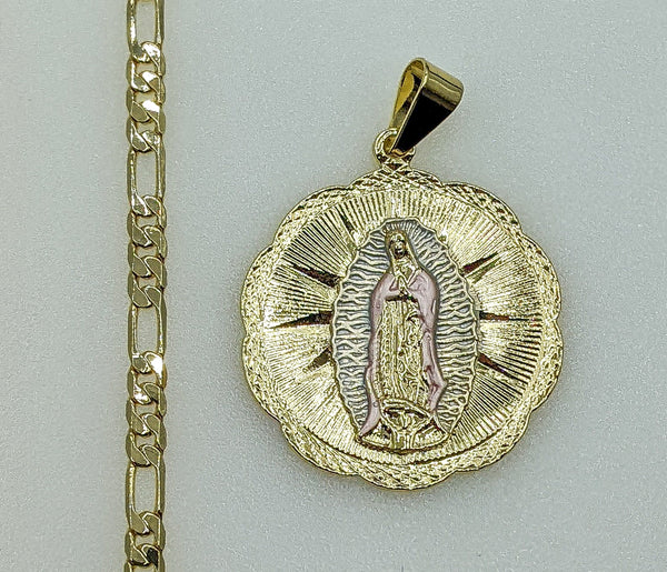 Plated Tri-Color Virgin Mary 4mm Figaro Chain Necklace