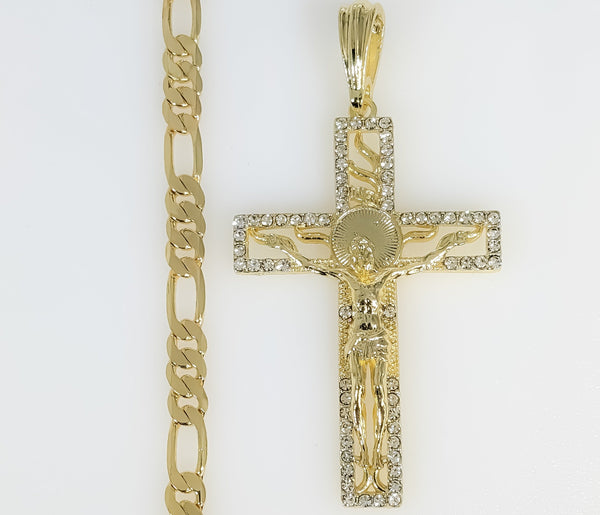 Plated Cross 5mm Figaro Chain Necklace