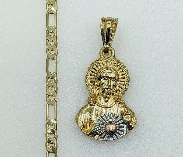 Plated Tri-Color Sacred Heart of Jesus 4mm Figaro Chain Necklace