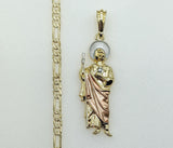 Plated Large Tri-Color Saint Jude 4mm 14K Diamond Figaro Chain Necklace