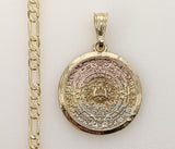 Plated Tri-Color Aztec Calendar 4mm 14K Diamond Cut Figaro Chain Necklace