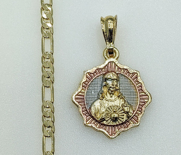 Plated Tri-Color Sacred Heart of Jesus 4mm Figaro Chain Necklace