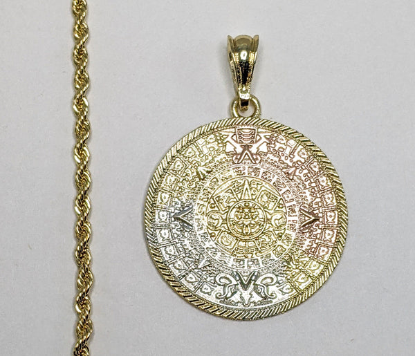 Plated Tri-Color Aztec Calendar 3mm Rope/Braided Chain Necklace