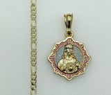 Plated Tri-Color Sacred Heart of Jesus 3mm Figaro Chain Necklace