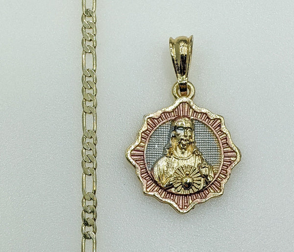 Plated Tri-Color Sacred Heart of Jesus 3mm Figaro Chain Necklace
