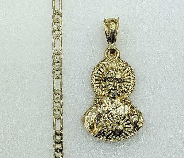 Plated Sacred Heart of Jesus 3mm Figaro Chain Necklace