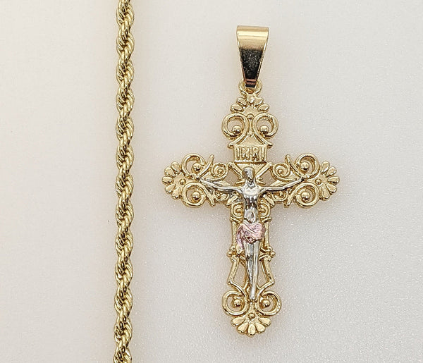 Plated Tri-Color Cross 3mm Rope/Braided Chain Necklace
