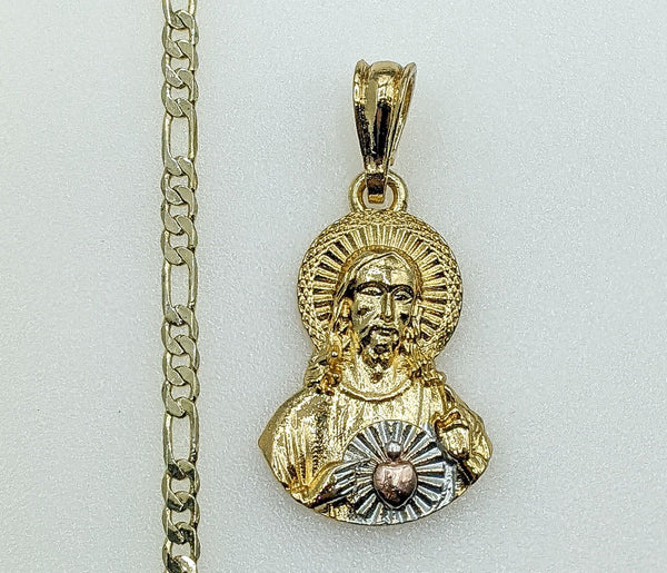 Plated Tri-Color Sacred Heart of Jesus 3mm Figaro Chain Necklace